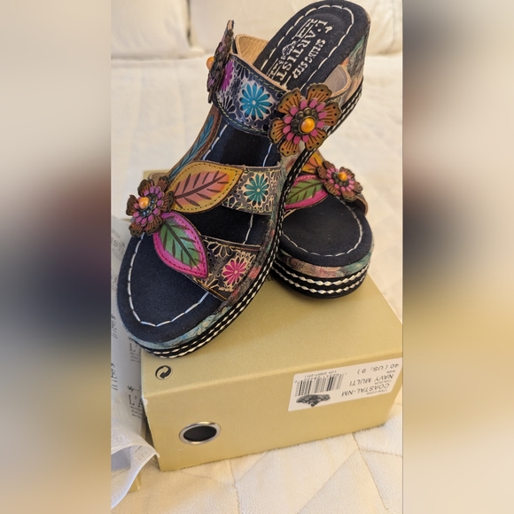 Spring Step L'Artiste Women's Coastal Hand-Painted Floral Slides - Open-Toe Wedg - Picture 2 of 11